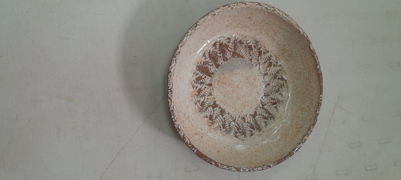 צלחת קרמיקה עם עיטורי עלים לבנים במרכזה